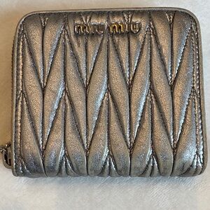 Miu Miu Matelassé Metallic Silver Compact Snap Wallet w/ Zip Coin Pocket
